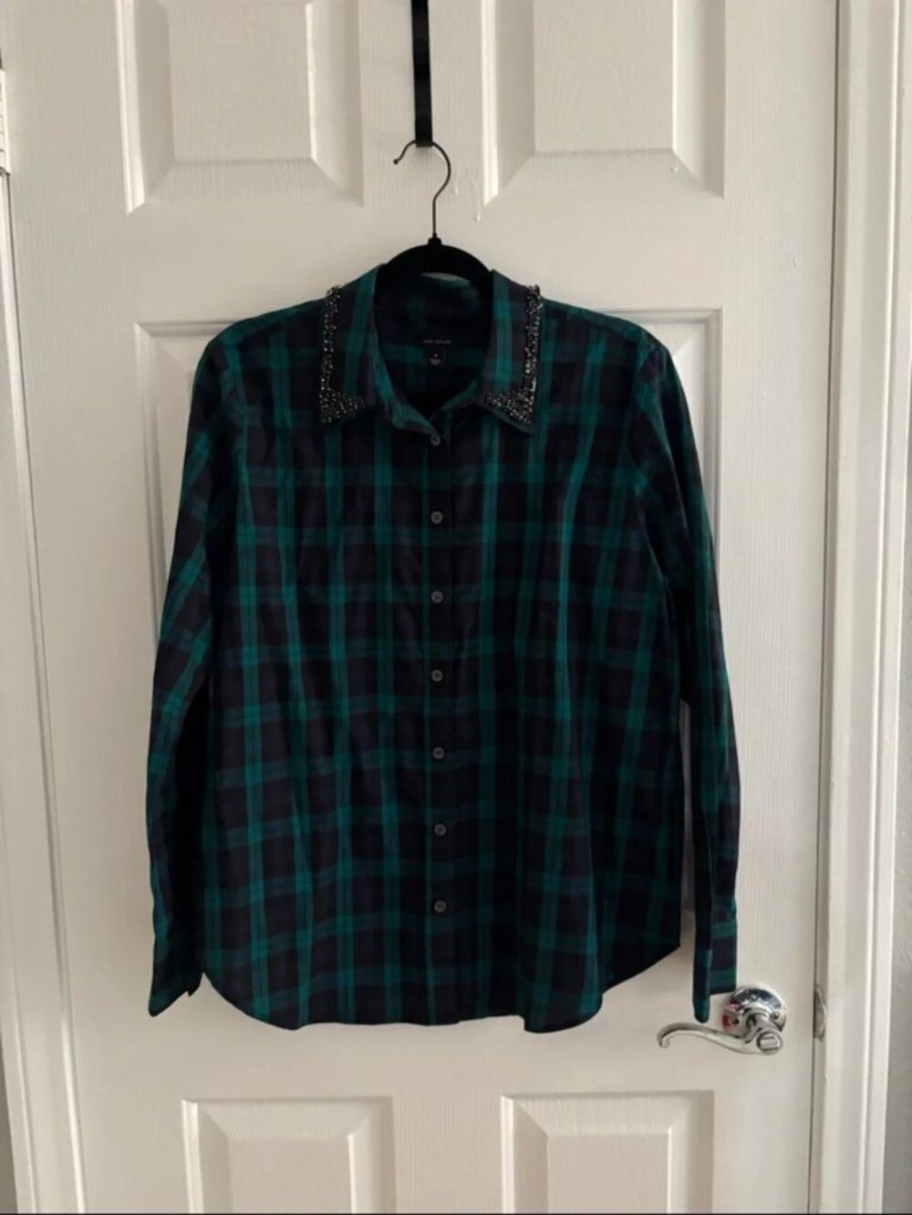 NWT ANN TAYLOR jewel collar tartan check button down shirt (M)